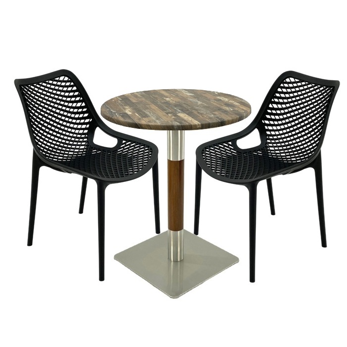 Mobila de cafenea, masa Raki Maple 70x72cm blat werzalit,2 scaune London Air negru suprapozabile , picior crom aspect lemn argintiu