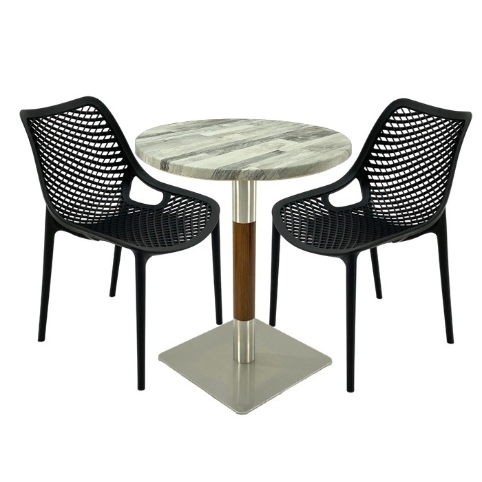 Mobila de cafenea, masa Raki Maple 70x72cm blat werzalit,2 scaune London Air negru suprapozabile , picior crom aspect lemn argintiu