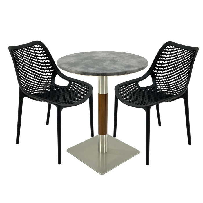 Mobila de cafenea, masa Raki Maple 70x72cm blat werzalit,2 scaune London Air negru suprapozabile , picior crom aspect lemn argintiu