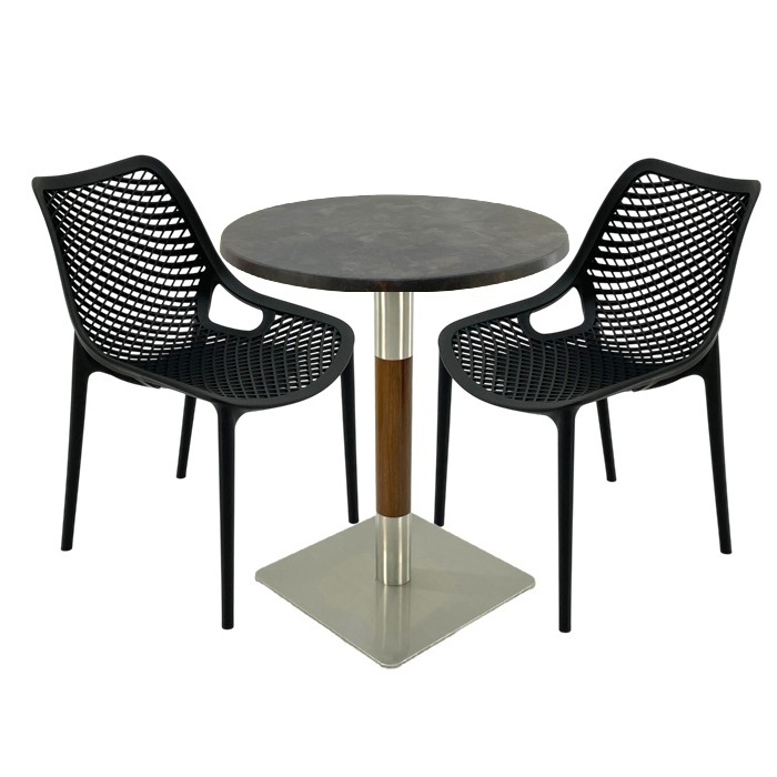 Mobila de cafenea, masa Raki Maple 70x72cm blat werzalit,2 scaune London Air negru suprapozabile , picior crom aspect lemn argintiu