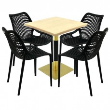 Mobila de exterior cafenea, masa  70x70x74cm Raki MAPLE blat werzalit,4 scaune London Air negru suprapozabile ,picior metalic auriu/negru