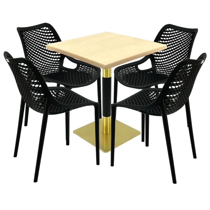 Mobila de exterior cafenea, masa  70x70x74cm Raki MAPLE blat werzalit,4 scaune London Air negru suprapozabile ,picior metalic auriu/negru