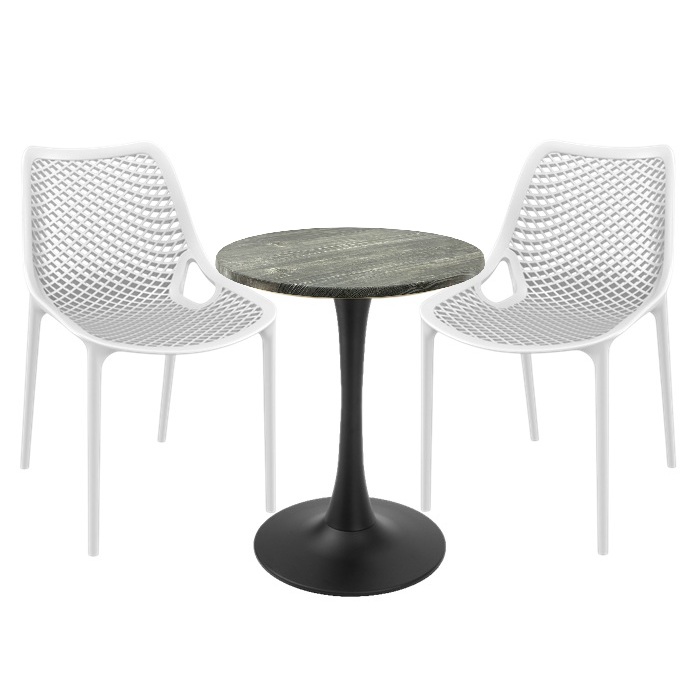 Mobila de exterior restaurant, 2 scaune London Air albe cu masa rotunda Raki Maple 60x74cm blat werzalit si picior cu baza rotunda,negru