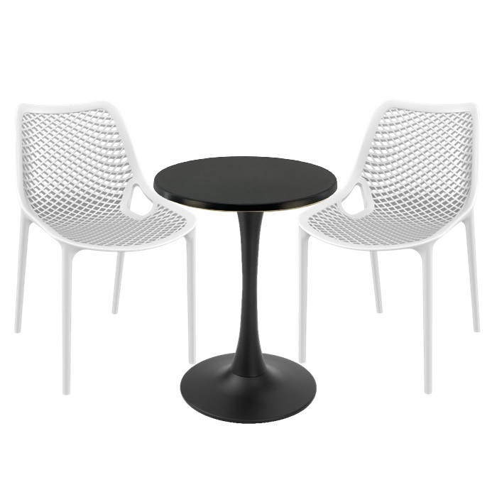 Mobila de exterior restaurant, 2 scaune London Air albe cu masa rotunda Raki Maple 60x74cm blat werzalit si picior cu baza rotunda,negru