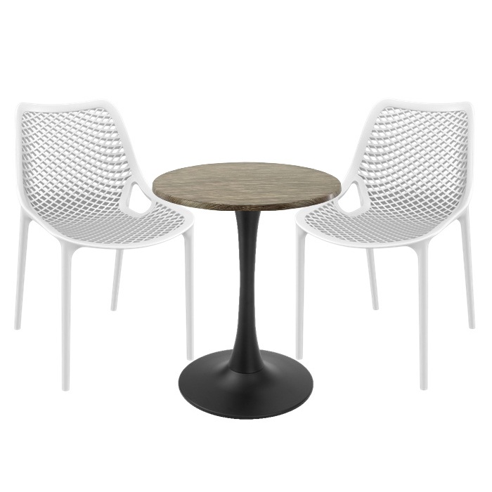 Mobila de exterior restaurant, 2 scaune London Air albe cu masa rotunda Raki Maple 60x74cm blat werzalit si picior cu baza rotunda,negru