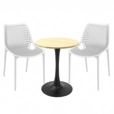 Mobila de exterior restaurant, 2 scaune London Air albe cu masa rotunda Raki Maple 60x74cm blat werzalit si picior cu baza rotunda,negru