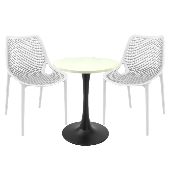 Mobila de exterior restaurant, 2 scaune London Air albe cu masa rotunda Raki Maple 60x74cm blat werzalit si picior cu baza rotunda,negru