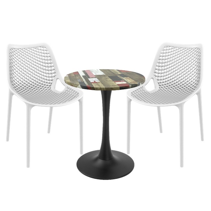 Mobila de exterior restaurant, 2 scaune London Air albe cu masa rotunda Raki Maple 60x74cm blat werzalit si picior cu baza rotunda,negru