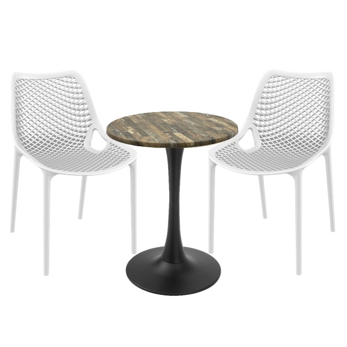 Mobila de exterior restaurant, 2 scaune London Air albe cu masa rotunda Raki Maple 60x74cm blat werzalit si picior cu baza rotunda,negru