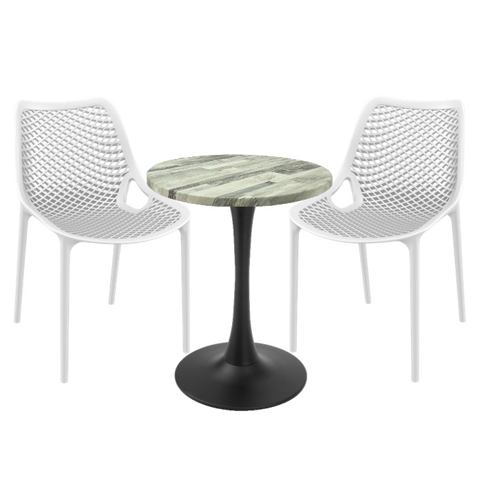 Mobila de exterior restaurant, 2 scaune London Air albe cu masa rotunda Raki Maple 60x74cm blat werzalit si picior cu baza rotunda,negru