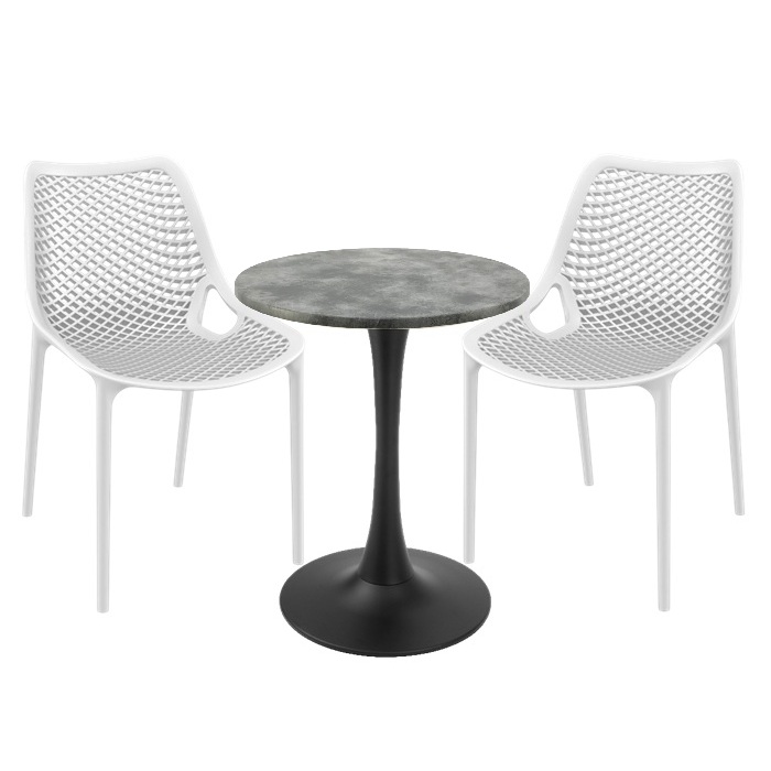 Mobila de exterior restaurant, 2 scaune London Air albe cu masa rotunda Raki Maple 60x74cm blat werzalit si picior cu baza rotunda,negru