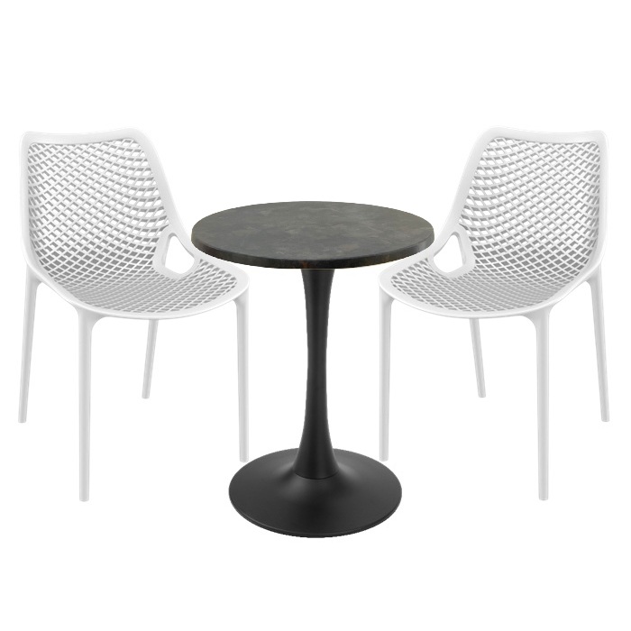 Mobila de exterior restaurant, 2 scaune London Air albe cu masa rotunda Raki Maple 60x74cm blat werzalit si picior cu baza rotunda,negru