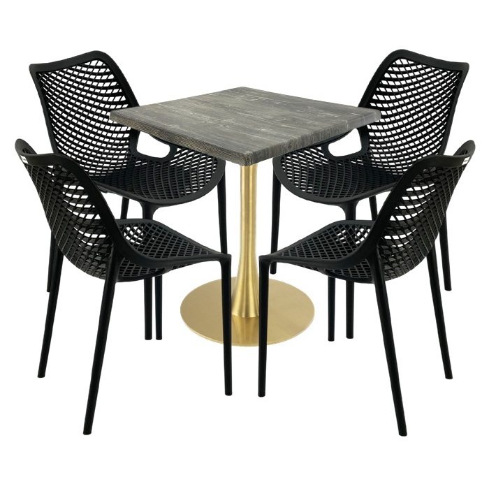 Mobila de exterior restaurant, masa  70x70x74cm Raki MAPLE blat werzalit,4 scaune London Air negru suprapozabile, picior metalic,baza rotunda,auriu