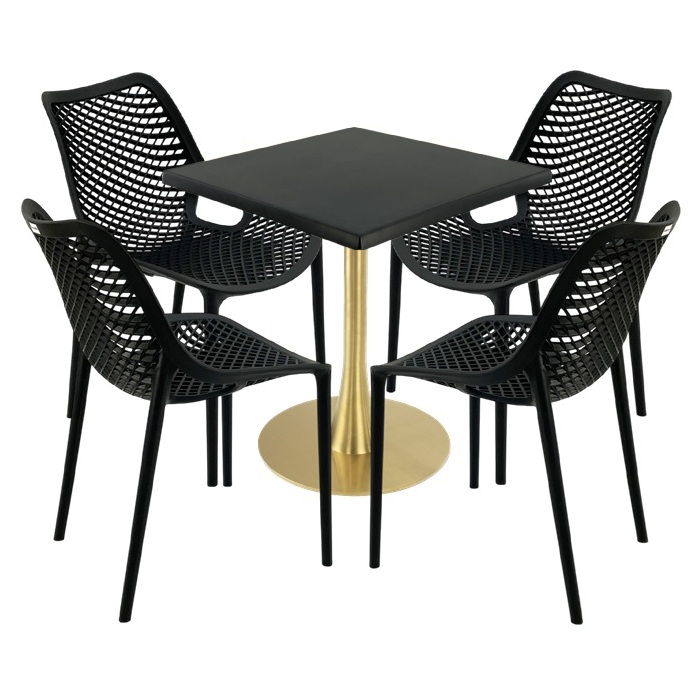 Mobila de exterior restaurant, masa  70x70x74cm Raki MAPLE blat werzalit,4 scaune London Air negru suprapozabile, picior metalic,baza rotunda,auriu