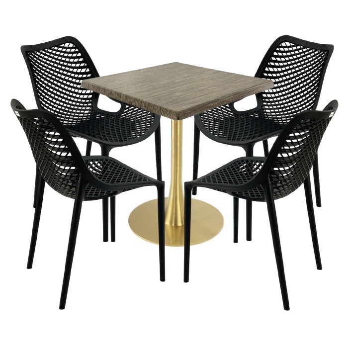 Mobila de exterior restaurant, masa  70x70x74cm Raki MAPLE blat werzalit,4 scaune London Air negru suprapozabile, picior metalic,baza rotunda,auriu