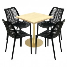 Mobila de exterior restaurant, masa  70x70x74cm Raki MAPLE blat werzalit,4 scaune London Air negru suprapozabile, picior metalic,baza rotunda,auriu