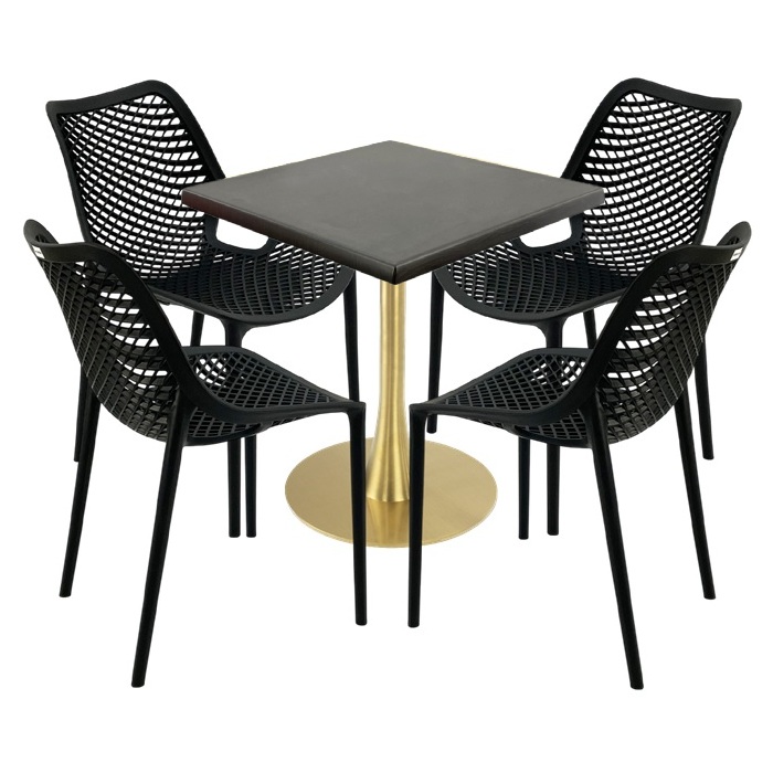 Mobila de exterior restaurant, masa  70x70x74cm Raki MAPLE blat werzalit,4 scaune London Air negru suprapozabile, picior metalic,baza rotunda,auriu