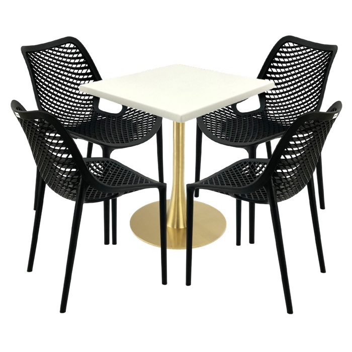 Mobila de exterior restaurant, masa  70x70x74cm Raki MAPLE blat werzalit,4 scaune London Air negru suprapozabile, picior metalic,baza rotunda,auriu