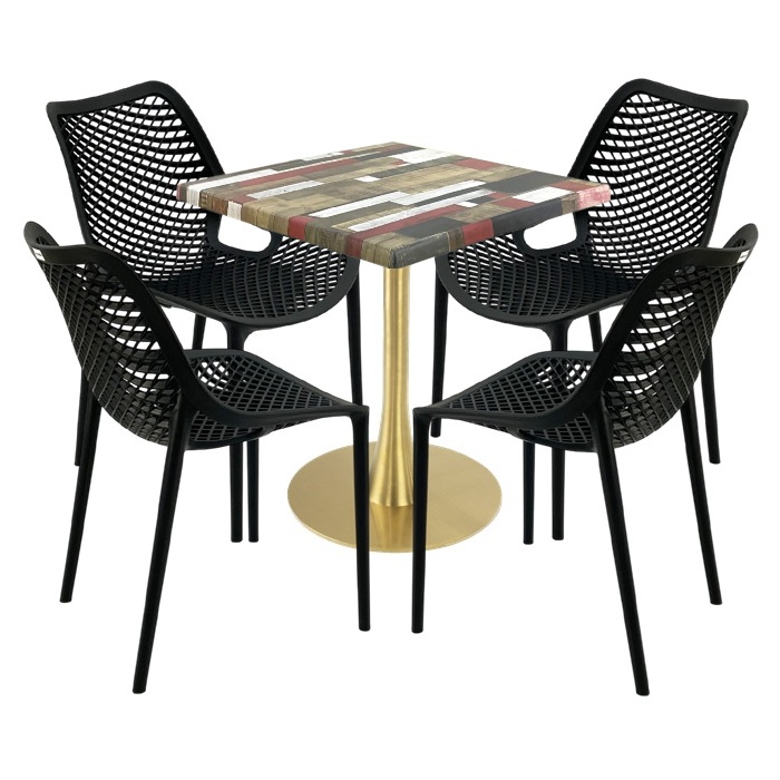 Mobila de exterior restaurant, masa  70x70x74cm Raki MAPLE blat werzalit,4 scaune London Air negru suprapozabile, picior metalic,baza rotunda,auriu