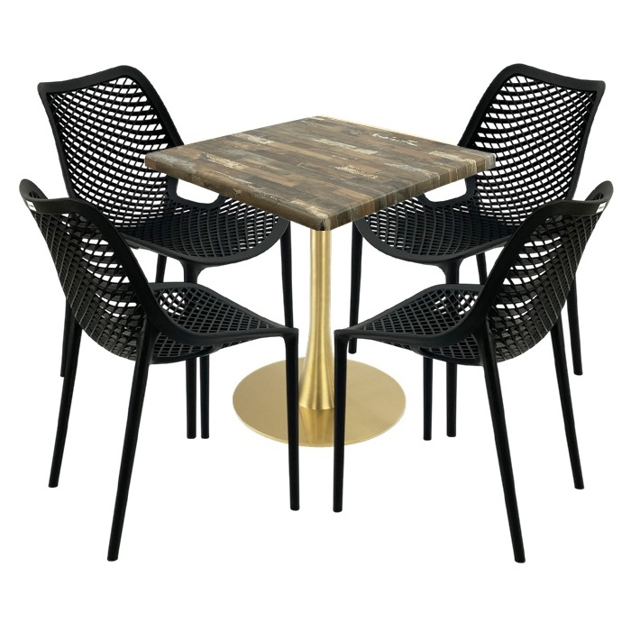 Mobila de exterior restaurant, masa  70x70x74cm Raki MAPLE blat werzalit,4 scaune London Air negru suprapozabile, picior metalic,baza rotunda,auriu