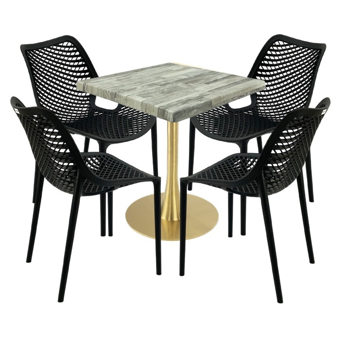 Mobila de exterior restaurant, masa  70x70x74cm Raki MAPLE blat werzalit,4 scaune London Air negru suprapozabile, picior metalic,baza rotunda,auriu
