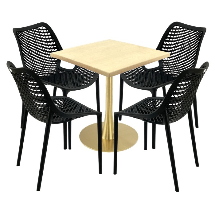Mobila de exterior restaurant, masa  70x70x74cm Raki MAPLE blat werzalit,4 scaune London Air negru suprapozabile, picior metalic,baza rotunda,auriu