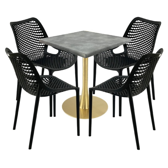 Mobila de exterior restaurant, masa  70x70x74cm Raki MAPLE blat werzalit,4 scaune London Air negru suprapozabile, picior metalic,baza rotunda,auriu