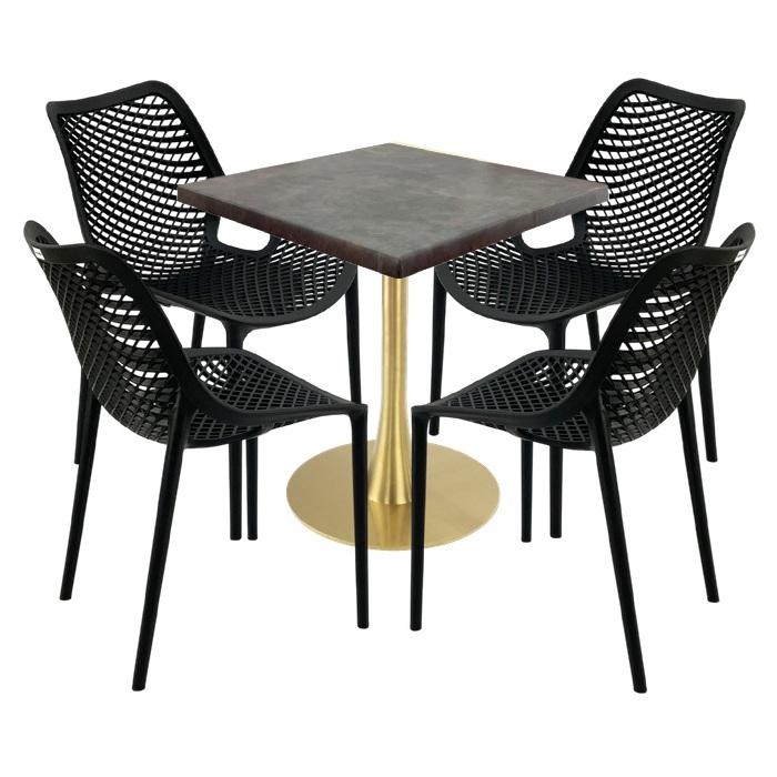 Mobila de exterior restaurant, masa  70x70x74cm Raki MAPLE blat werzalit,4 scaune London Air negru suprapozabile, picior metalic,baza rotunda,auriu