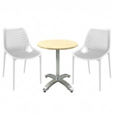 Mobila de terasa restaurant, 2 scaune London Air albe cu masa rotunda 60x74cm Raki MAPLE blat werzalit,baza  aluminiu