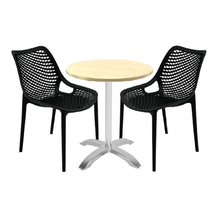 Mobila de terasa restaurant, 2 scaune London Air negru suprapozabile cu masa rotunda 60x72cm Raki MAPLE blat werzalit,baza  aluminiu - Raki.ro