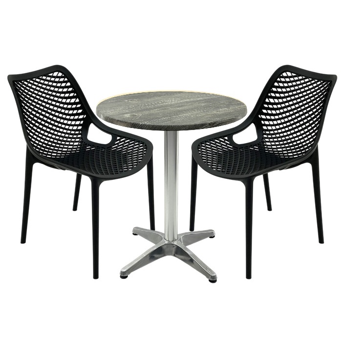 Mobila de terasa restaurant, masa Raki MAPLE blat werzalit 70x72cm,2 scaune London Air negru suprapozabile , baza aluminiu