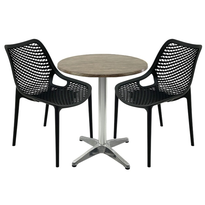Mobila de terasa restaurant, masa Raki MAPLE blat werzalit 70x72cm,2 scaune London Air negru suprapozabile , baza aluminiu