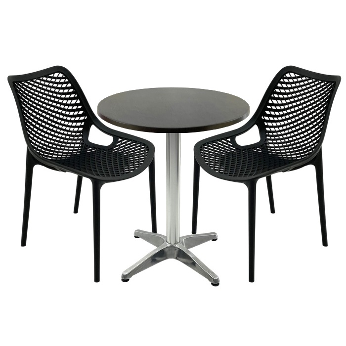 Mobila de terasa restaurant, masa Raki MAPLE blat werzalit 70x72cm,2 scaune London Air negru suprapozabile , baza aluminiu