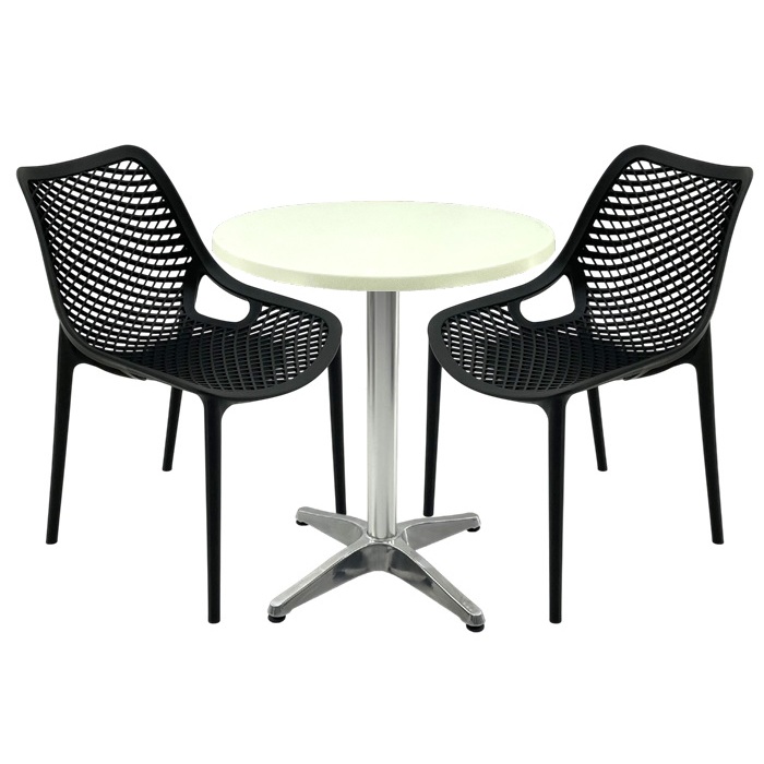 Mobila de terasa restaurant, masa Raki MAPLE blat werzalit 70x72cm,2 scaune London Air negru suprapozabile , baza aluminiu