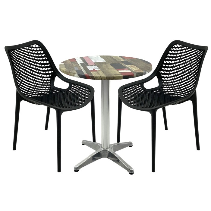 Mobila de terasa restaurant, masa Raki MAPLE blat werzalit 70x72cm,2 scaune London Air negru suprapozabile , baza aluminiu