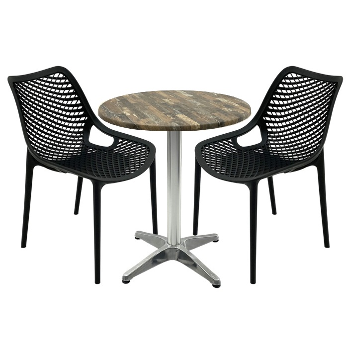 Mobila de terasa restaurant, masa Raki MAPLE blat werzalit 70x72cm,2 scaune London Air negru suprapozabile , baza aluminiu
