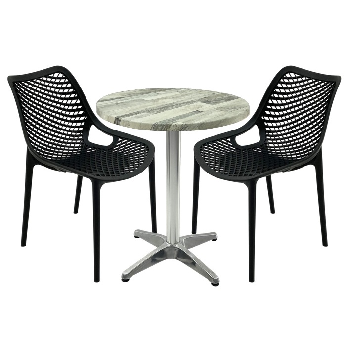 Mobila de terasa restaurant, masa Raki MAPLE blat werzalit 70x72cm,2 scaune London Air negru suprapozabile , baza aluminiu