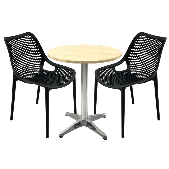 Mobila de terasa restaurant, masa Raki MAPLE blat werzalit 70x72cm,2 scaune London Air negru suprapozabile , baza aluminiu