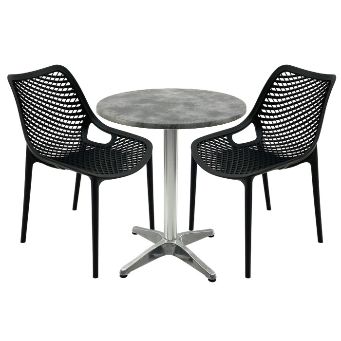 Mobila de terasa restaurant, masa Raki MAPLE blat werzalit 70x72cm,2 scaune London Air negru suprapozabile , baza aluminiu