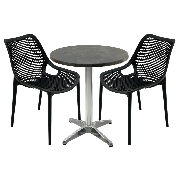 Mobila de terasa restaurant, masa Raki MAPLE blat werzalit 70x72cm,2 scaune London Air negru suprapozabile , baza aluminiu