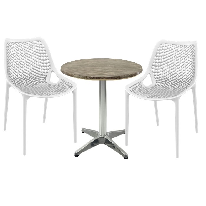 Mobila de terasa restaurant, masa Raki MAPLE blat werzalit 70x72cm baza aluminiu,2 scaune London Air albe