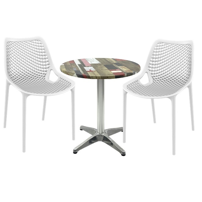 Mobila de terasa restaurant, masa Raki MAPLE blat werzalit 70x72cm baza aluminiu,2 scaune London Air albe