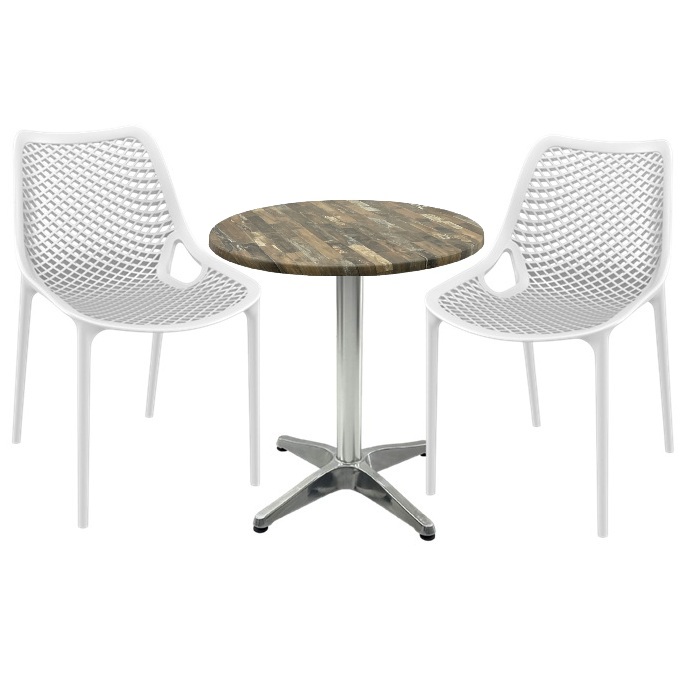 Mobila de terasa restaurant, masa Raki MAPLE blat werzalit 70x72cm baza aluminiu,2 scaune London Air albe