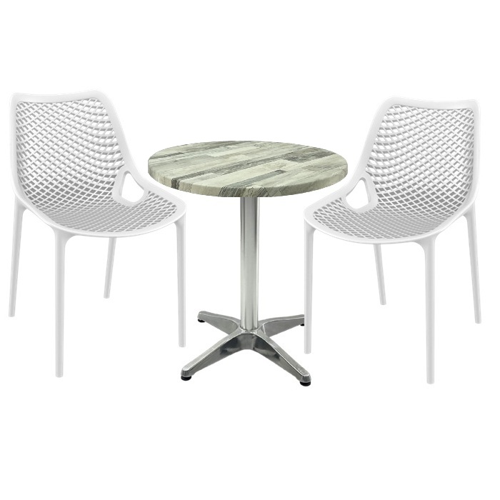 Mobila de terasa restaurant, masa Raki MAPLE blat werzalit 70x72cm baza aluminiu,2 scaune London Air albe