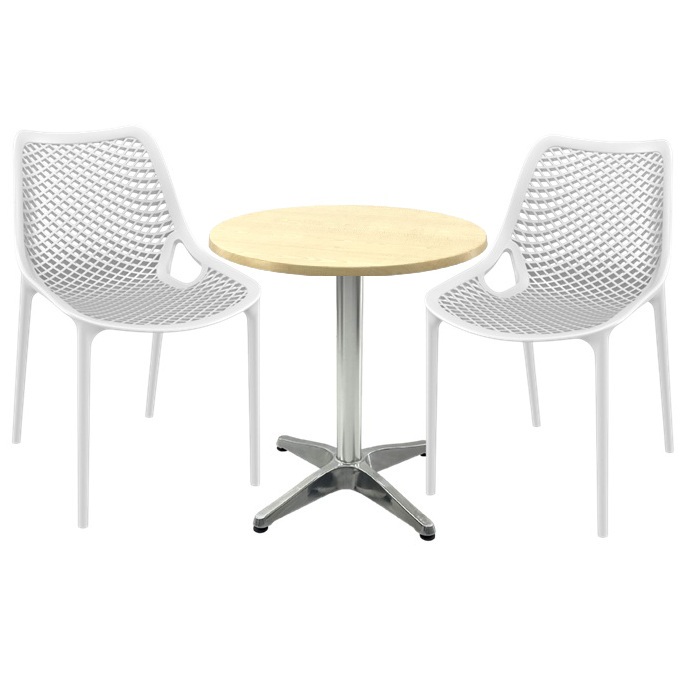 Mobila de terasa restaurant, masa Raki MAPLE blat werzalit 70x72cm baza aluminiu,2 scaune London Air albe