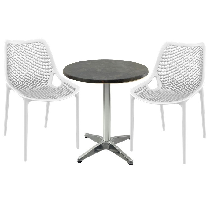 Mobila de terasa restaurant, masa Raki MAPLE blat werzalit 70x72cm baza aluminiu,2 scaune London Air albe