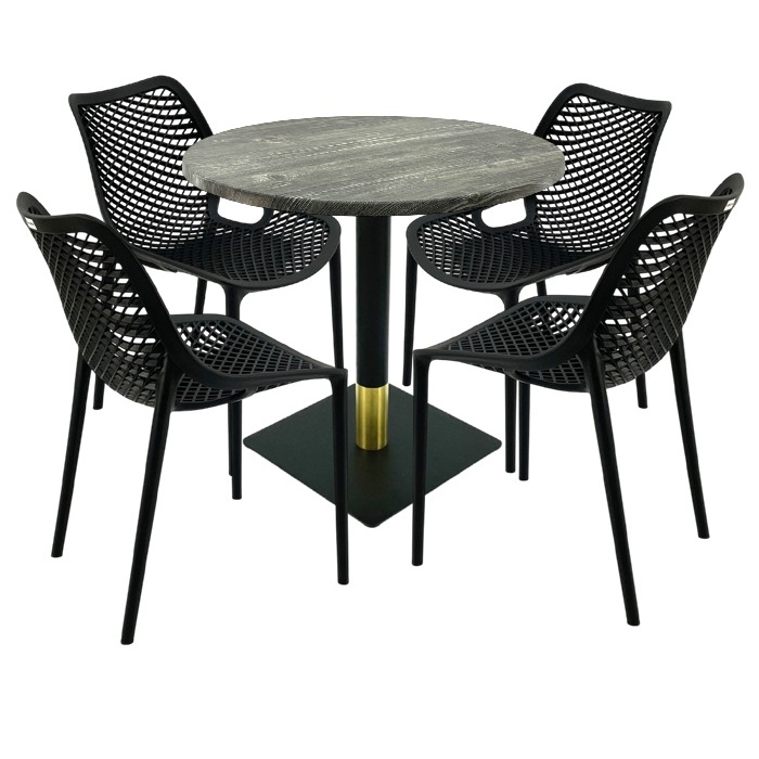 Mobila pentru bar,masa rotunda 80x74cm Raki MAPLE blat werzalit, 4 scaune London Air negru suprapozabile, picior metalic negru/auriu