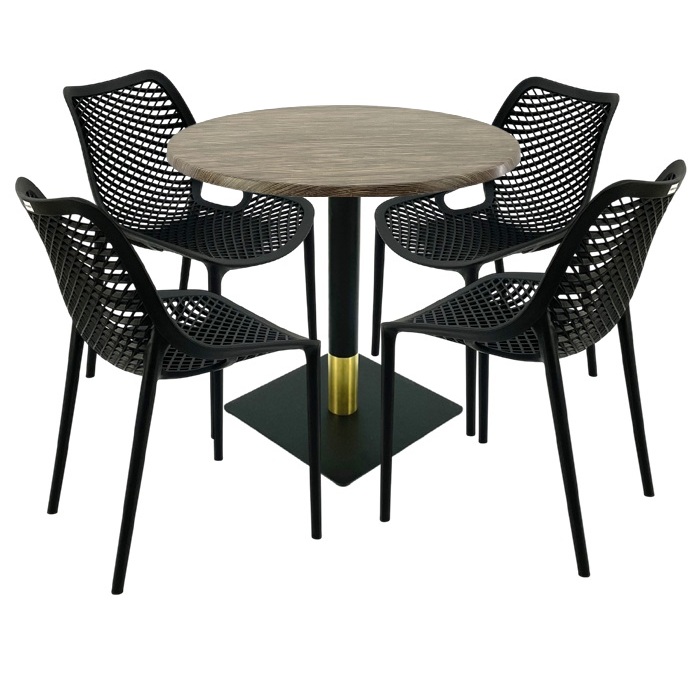 Mobila pentru bar,masa rotunda 80x74cm Raki MAPLE blat werzalit, 4 scaune London Air negru suprapozabile, picior metalic negru/auriu