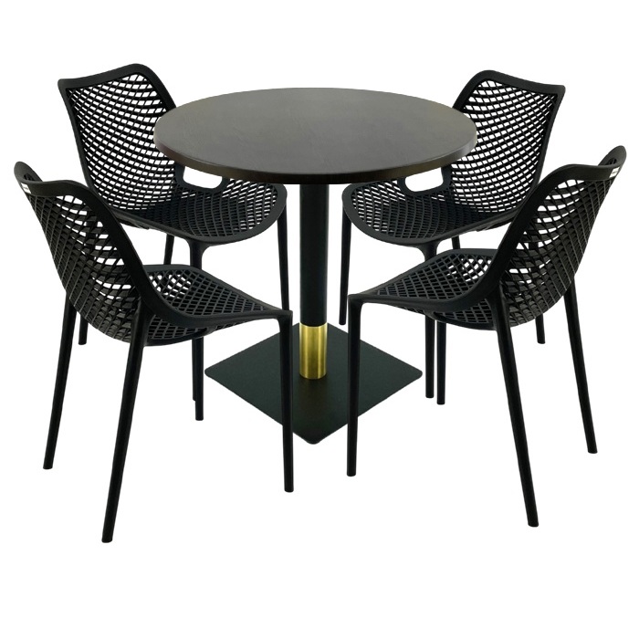 Mobila pentru bar,masa rotunda 80x74cm Raki MAPLE blat werzalit, 4 scaune London Air negru suprapozabile, picior metalic negru/auriu