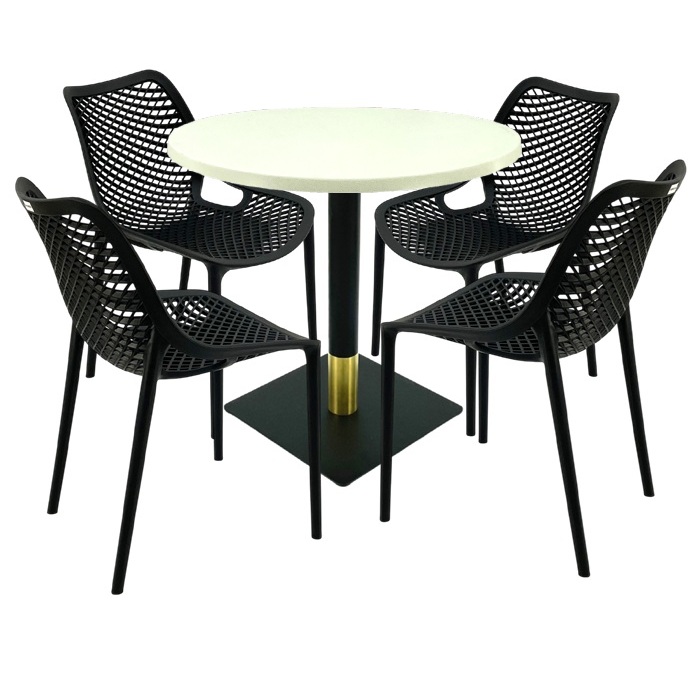 Mobila pentru bar,masa rotunda 80x74cm Raki MAPLE blat werzalit, 4 scaune London Air negru suprapozabile, picior metalic negru/auriu